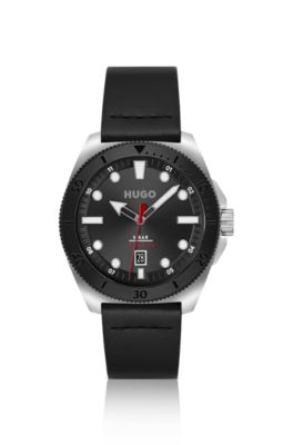 Silver-tone watch with black leather strap, Black
