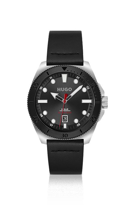 Silver-tone watch with black leather strap, Black