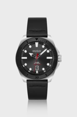 Silver-tone watch with black leather strap, Black