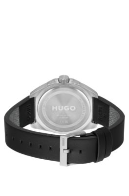 Silver-tone watch with black leather strap, Black