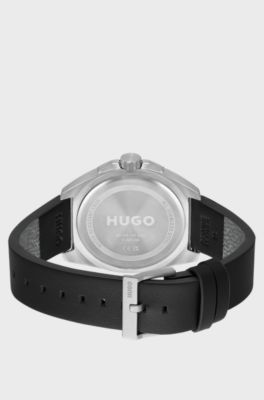 Silver-tone watch with black leather strap, Black