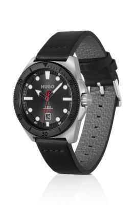 Silver-tone watch with black leather strap, Black