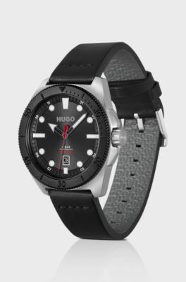 Silver-tone watch with black leather strap, Black