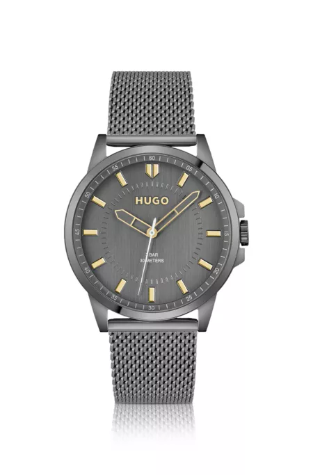 Grey-plated watch with mesh bracelet
