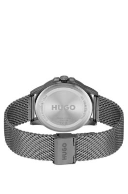 Grey-plated watch with mesh bracelet, Silver