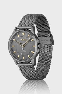 Grey-plated watch with mesh bracelet, Silver