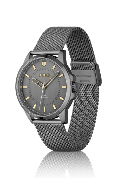 Grey-plated watch with mesh bracelet