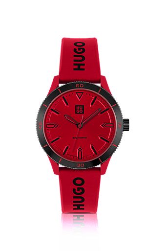 Red-dial watch with red silicone strap, Red