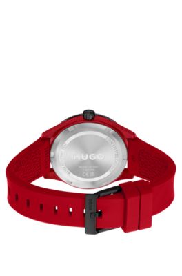 Red-dial watch with red silicone strap, Red