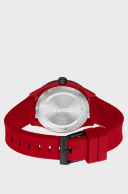 Red-dial watch with red silicone strap, Red