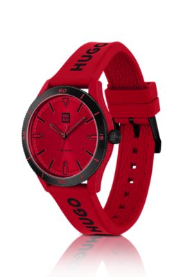 Red-dial watch with red silicone strap, Red
