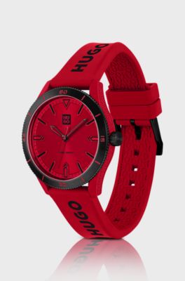 Red-dial watch with red silicone strap, Red
