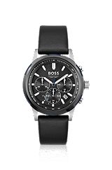 Black-dial chronograph watch with black leather strap, Black