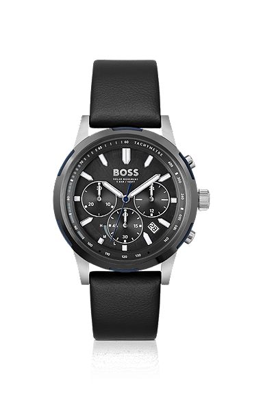Black-dial chronograph watch with black leather strap, Black