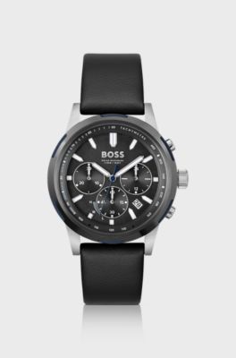 Black-dial chronograph watch with black leather strap, Black
