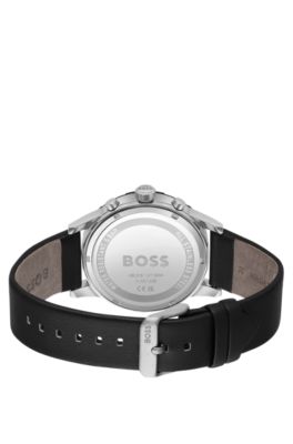 Black-dial chronograph watch with black leather strap, Black