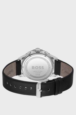 Black-dial chronograph watch with black leather strap, Black