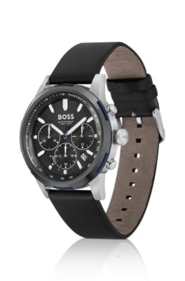 Black-dial chronograph watch with black leather strap, Black