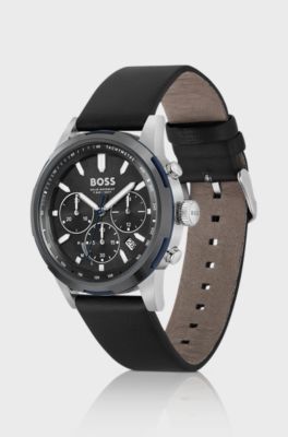 Black-dial chronograph watch with black leather strap, Black