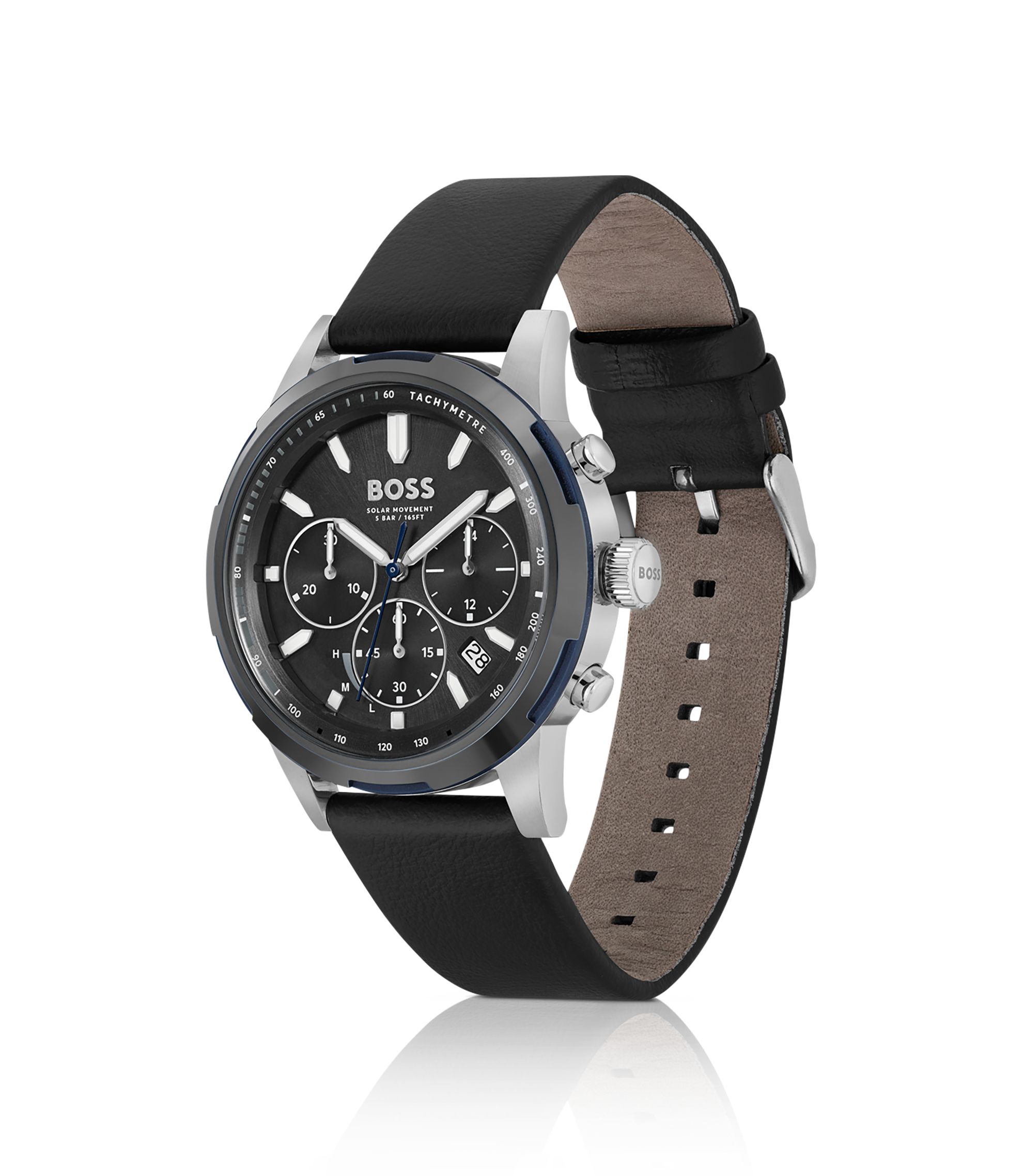 BOSS - Black-dial chronograph watch with black leather strap - Black