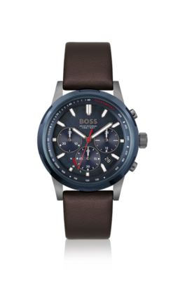 BOSS Blue dial chronograph watch with brown leather strap