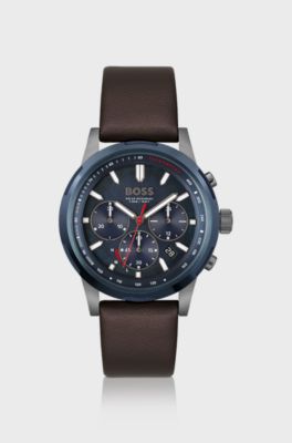 Blue-dial chronograph watch with brown leather strap, Dark Brown