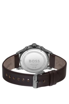 Blue-dial chronograph watch with brown leather strap, Dark Brown