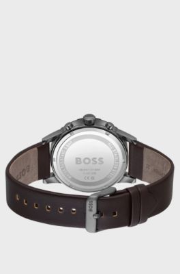 Blue-dial chronograph watch with brown leather strap, Dark Brown