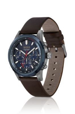 Blue-dial chronograph watch with brown leather strap, Dark Brown