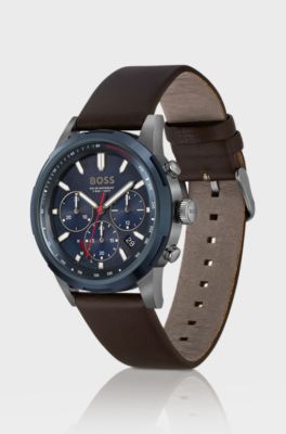 Blue-dial chronograph watch with brown leather strap, Dark Brown