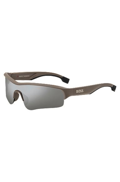 Verspiegelte BOSS x Perfect Moment All-Gender-Sonnenbrille mit Logo-Bügeln, Grau