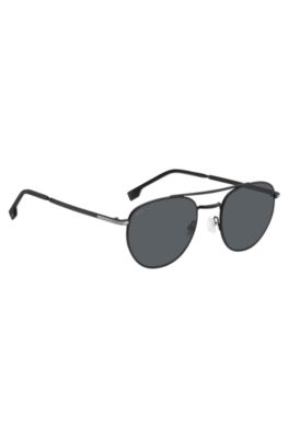 Round sunglasses in black metal with double bridge, Black