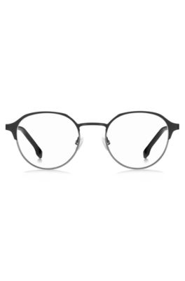 Round optical frames in black steel with striped hinge, Black