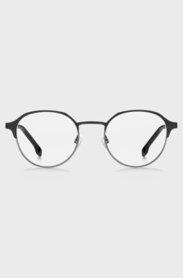 Round optical frames in black steel with striped hinge, Black