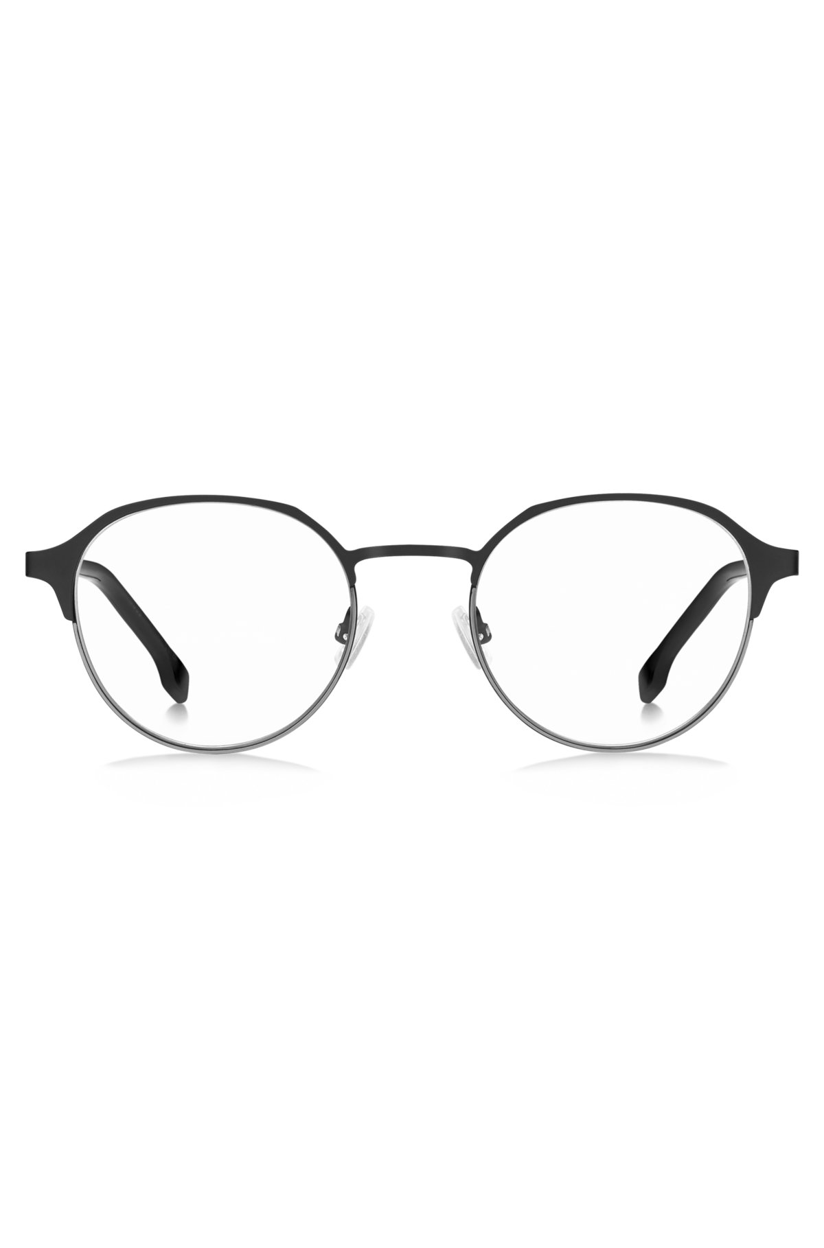Round optical frames in black steel with striped hinge, Black