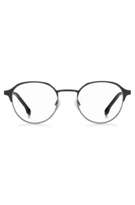 Round optical frames in black steel with striped hinge