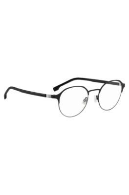 Round optical frames in black steel with striped hinge, Black
