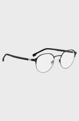 Round optical frames in black steel with striped hinge, Black
