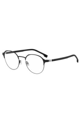 Round optical frames in black steel with striped hinge, Black