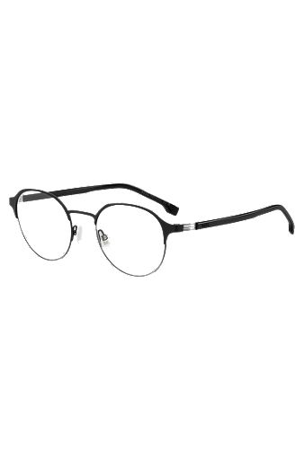 Runde Brillenfassung aus schwarzem Edelstahl mit gestreiften Scharnieren, Schwarz