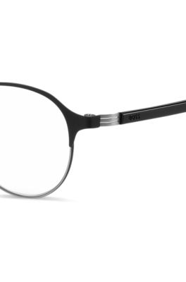 Round optical frames in black steel with striped hinge, Black