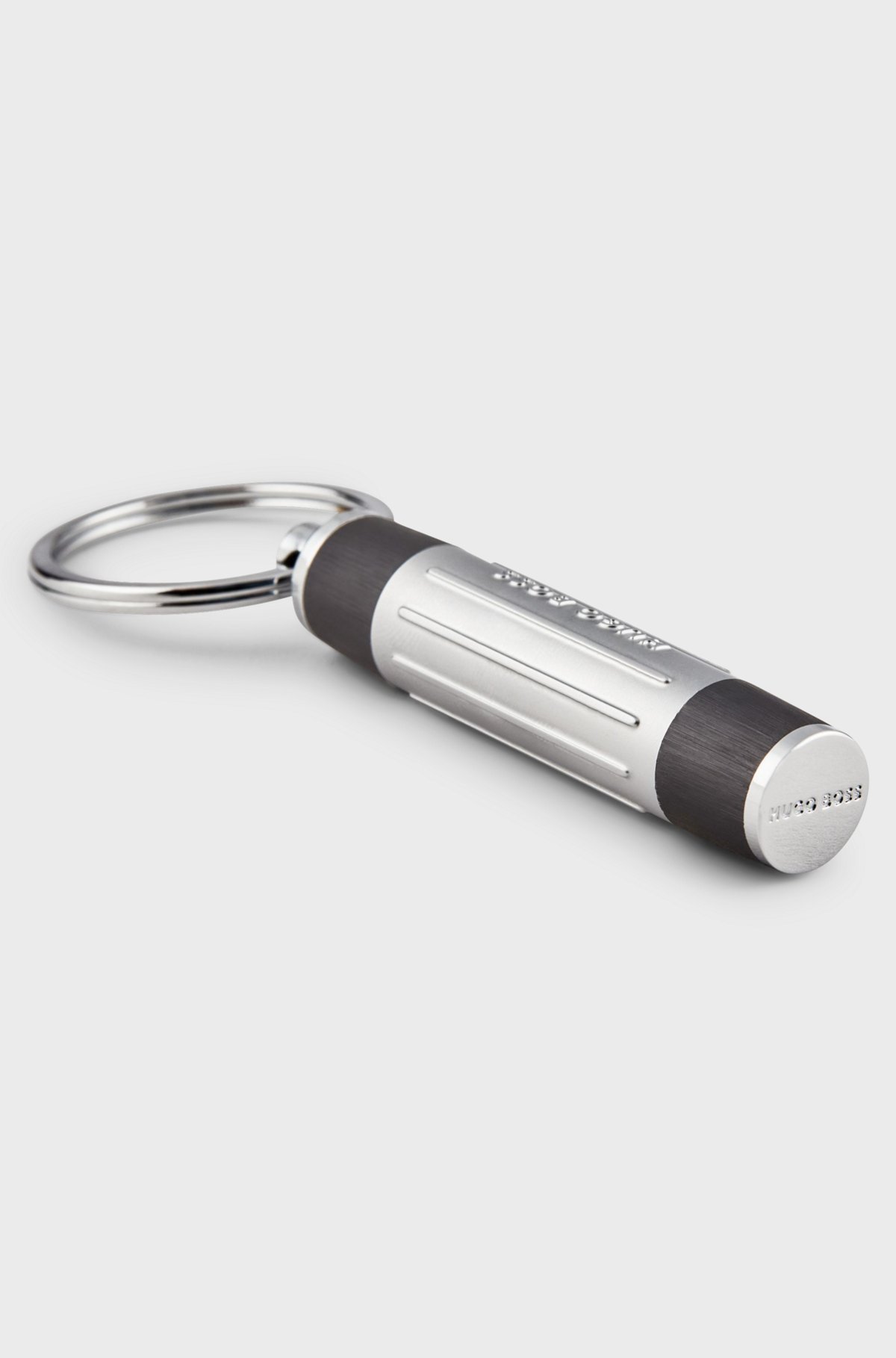 BOSS - Ribbed gunmetal key ring with 3D logo - Silver BOSS - Ribbed gunmetal key ring with 3D logo - Silver