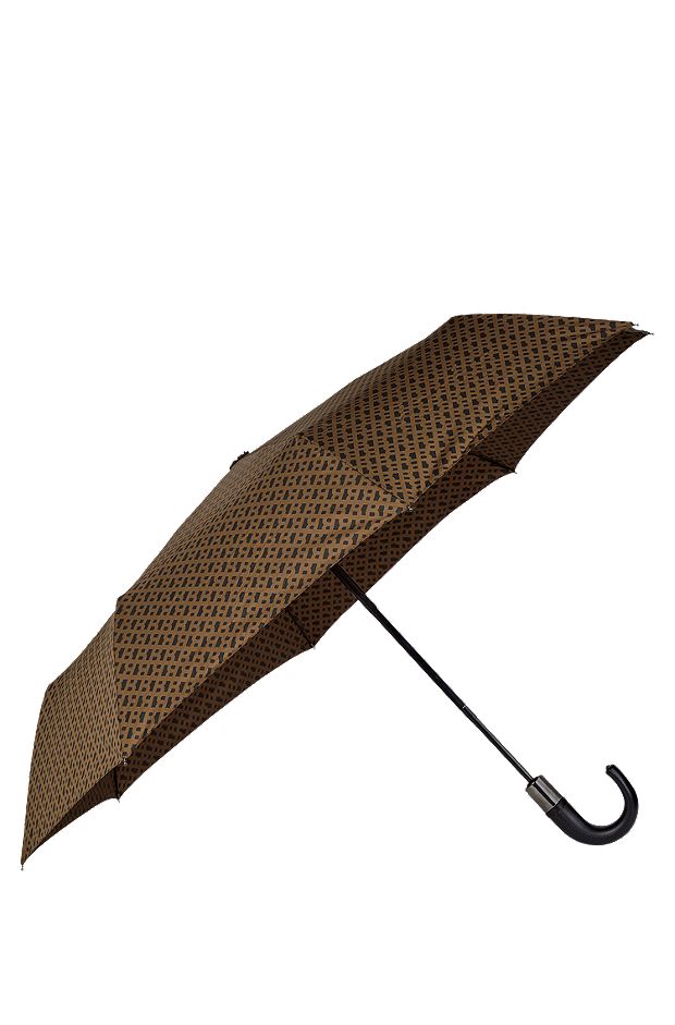 Paraguas con motivo de iniciales en cámel y tira con logo, Marrón oscuro