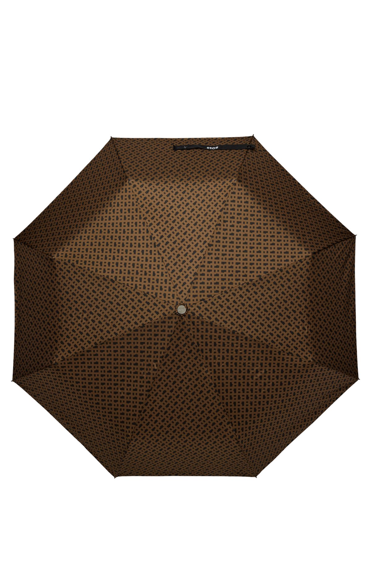 Camelfarbener Regenschirm mit Monogramm-Muster und Logo-Riemen, Dunkelbraun