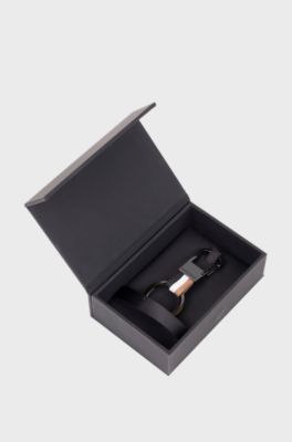 Signature-stripe key ring with dark-chrome accents, Dark Grey