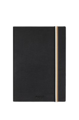 Black faux-leather A5 notebook with signature-stripe strap, Black