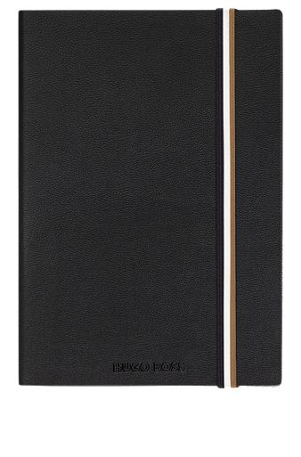 Black faux-leather A5 notebook with signature-stripe strap, Black