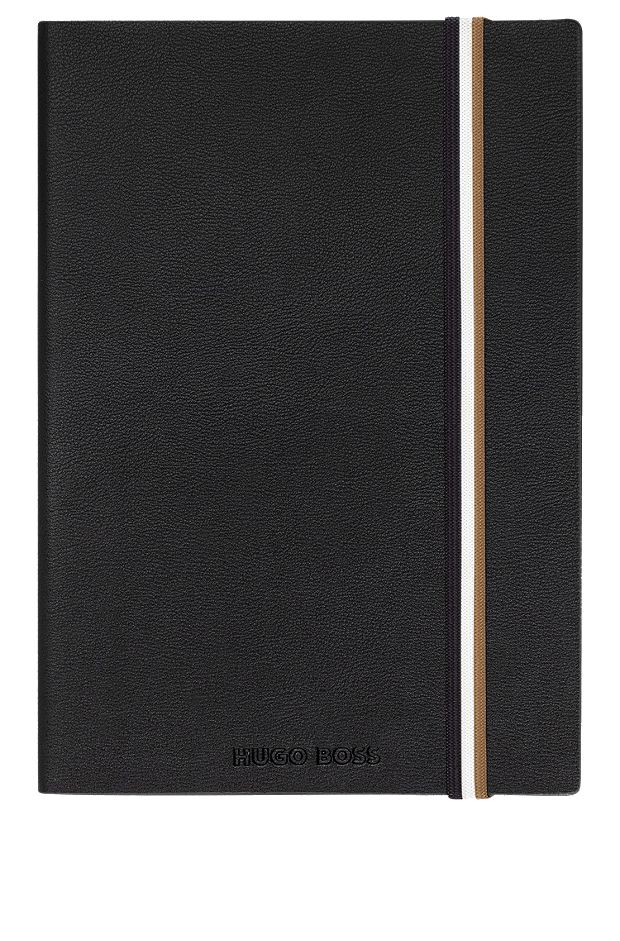 Black faux-leather A5 notebook with signature-stripe strap, Black