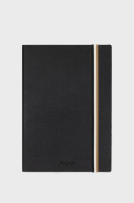 Black faux-leather A5 notebook with signature-stripe strap, Black