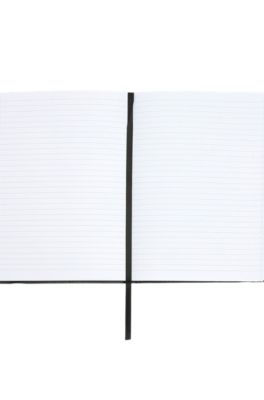 Black faux-leather A5 notebook with signature-stripe strap, Black